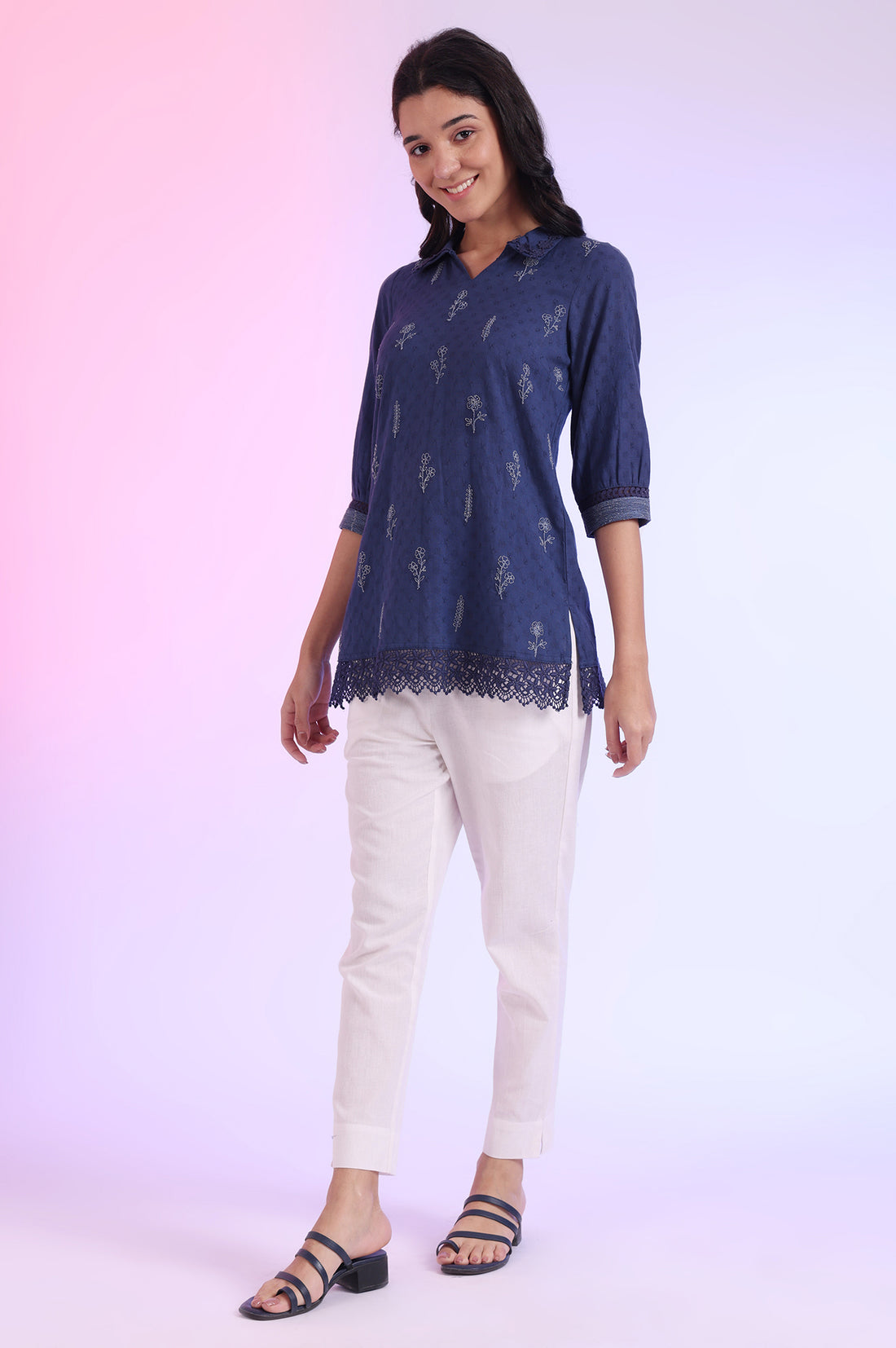 Blue Solid Straight Pure Cotton Kurti