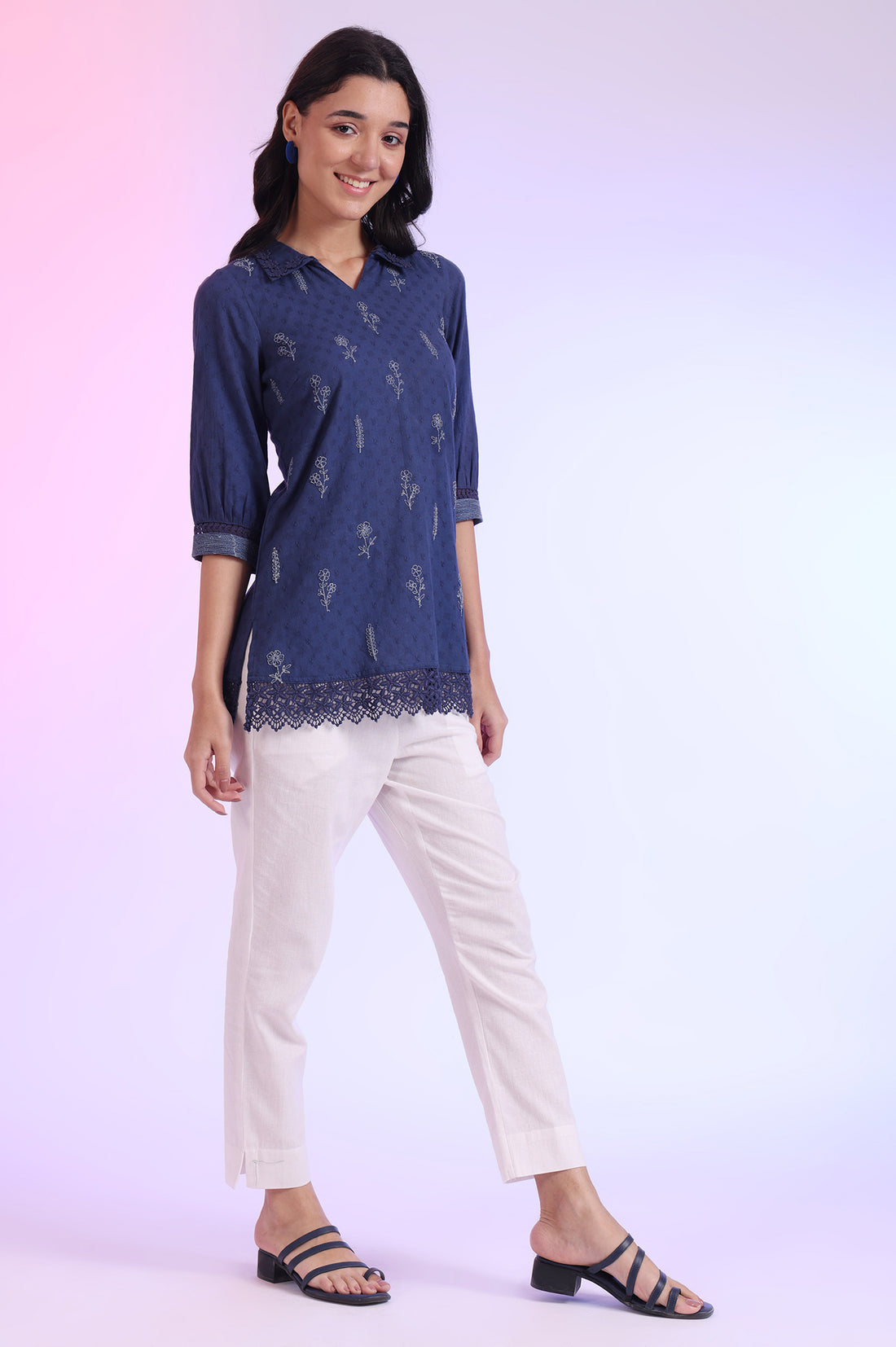Blue Solid Straight Pure Cotton Kurti