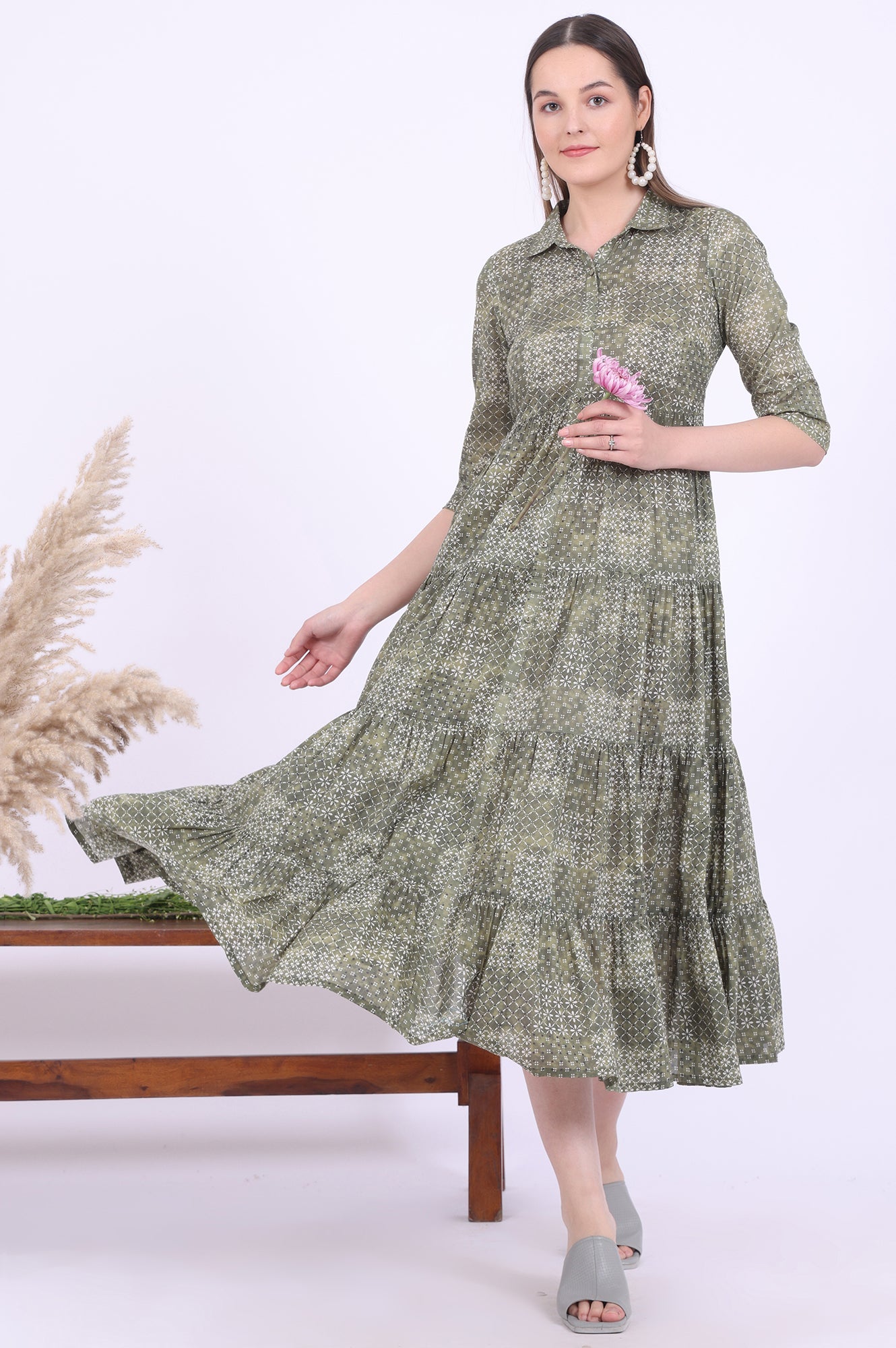 Green Printed Straight Pure Cotton Kurti