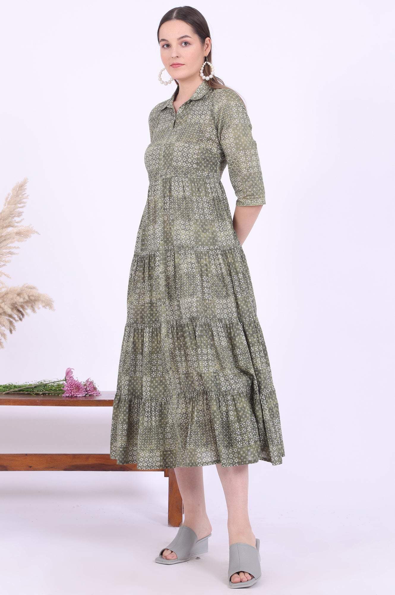 Green Printed Straight Pure Cotton Kurti