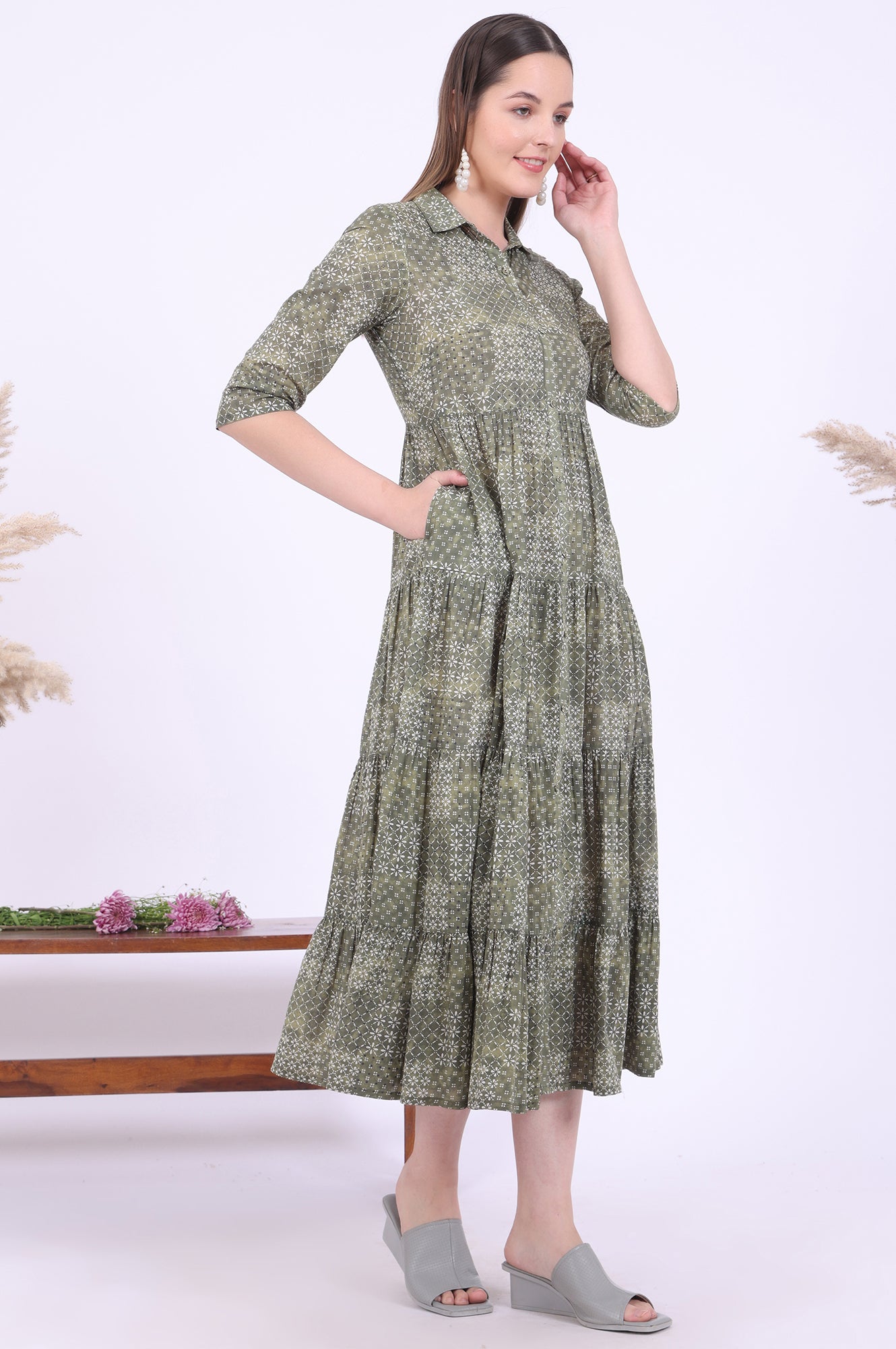 Green Printed Straight Pure Cotton Kurti