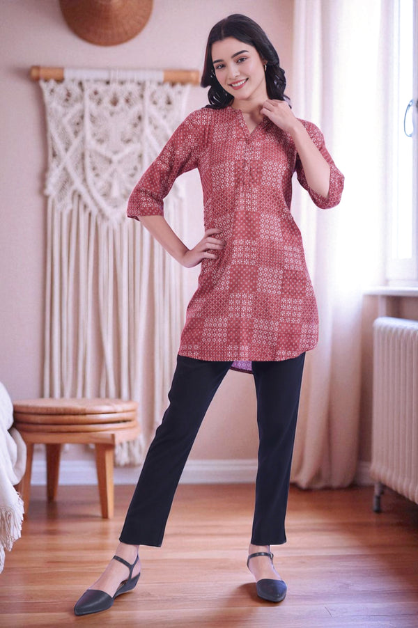 Brown Printed Straight Pure Cotton Kurti