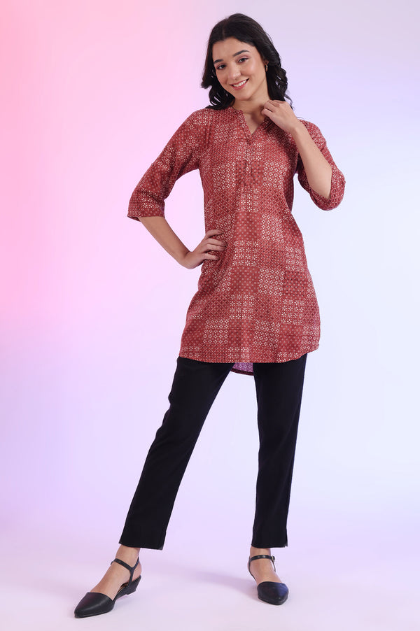 Brown Printed Straight Pure Cotton Kurti