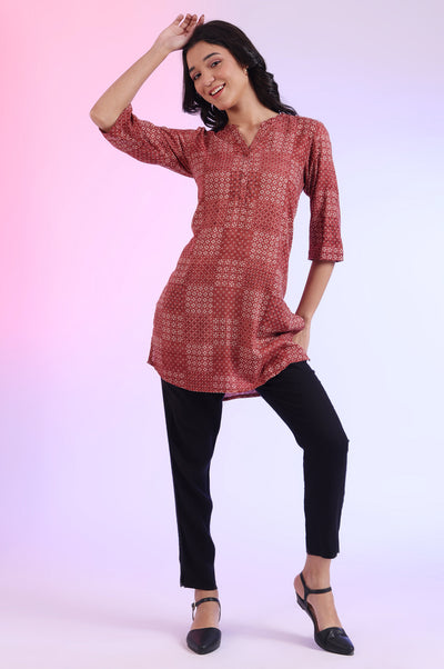 Brown Printed Straight Pure Cotton Kurti