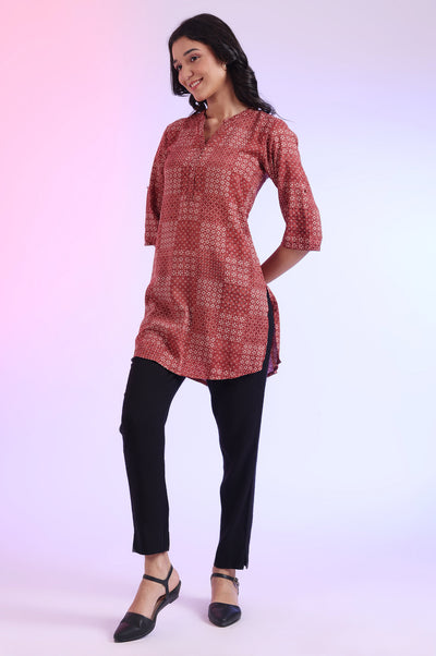 Brown Printed Straight Pure Cotton Kurti