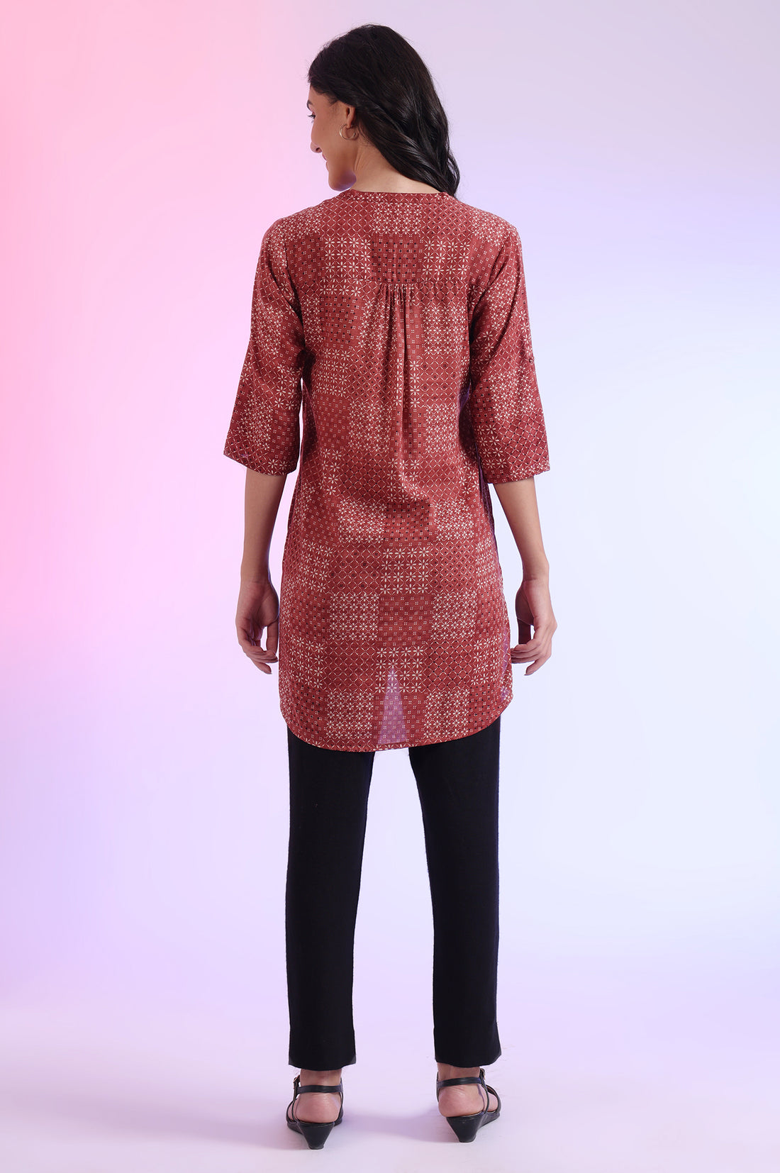 Brown Printed Straight Pure Cotton Kurti