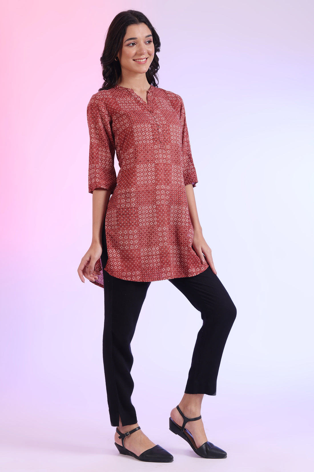 Brown Printed Straight Pure Cotton Kurti
