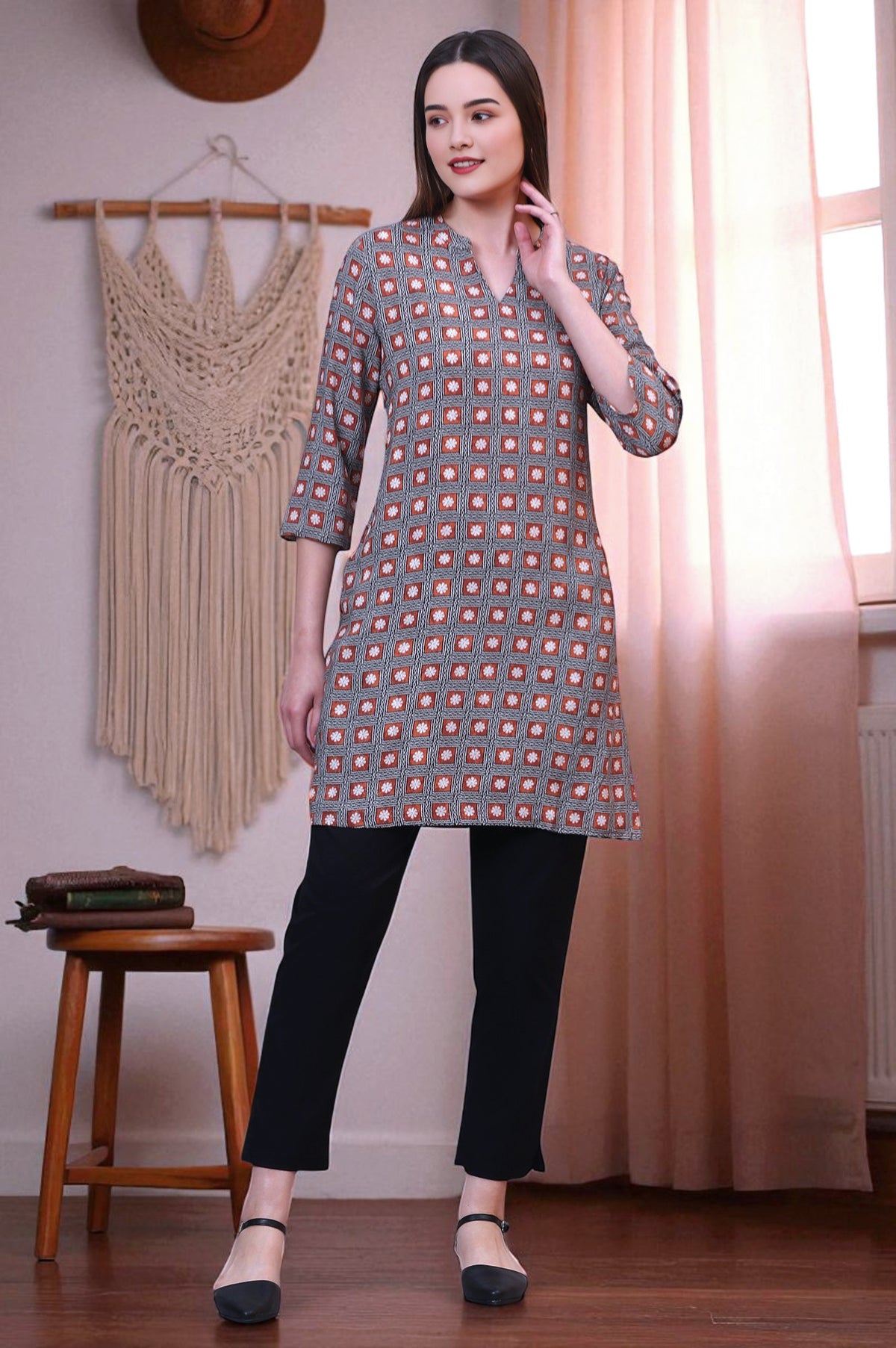 Rust Bold Printed Rayon Short Fusion Kurti - XS