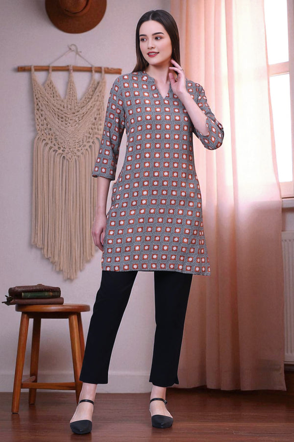 Rust Bold Printed Rayon Short Fusion Kurti
