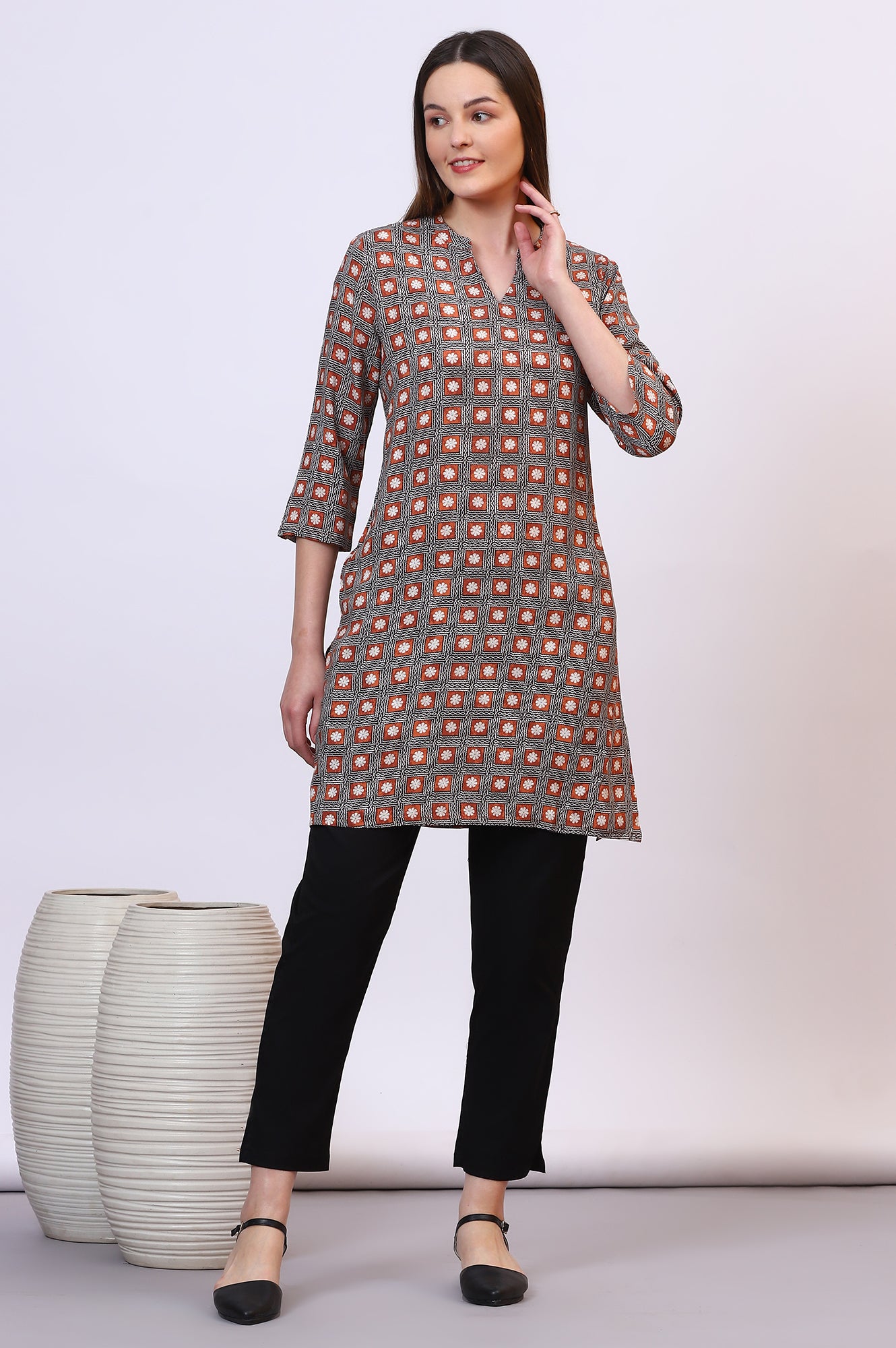 Rust Bold Printed Rayon Short Fusion Kurti