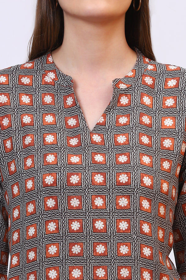Rust Bold Printed Rayon Short Fusion Kurti