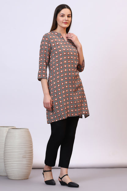 Rust Bold Printed Rayon Short Fusion Kurti