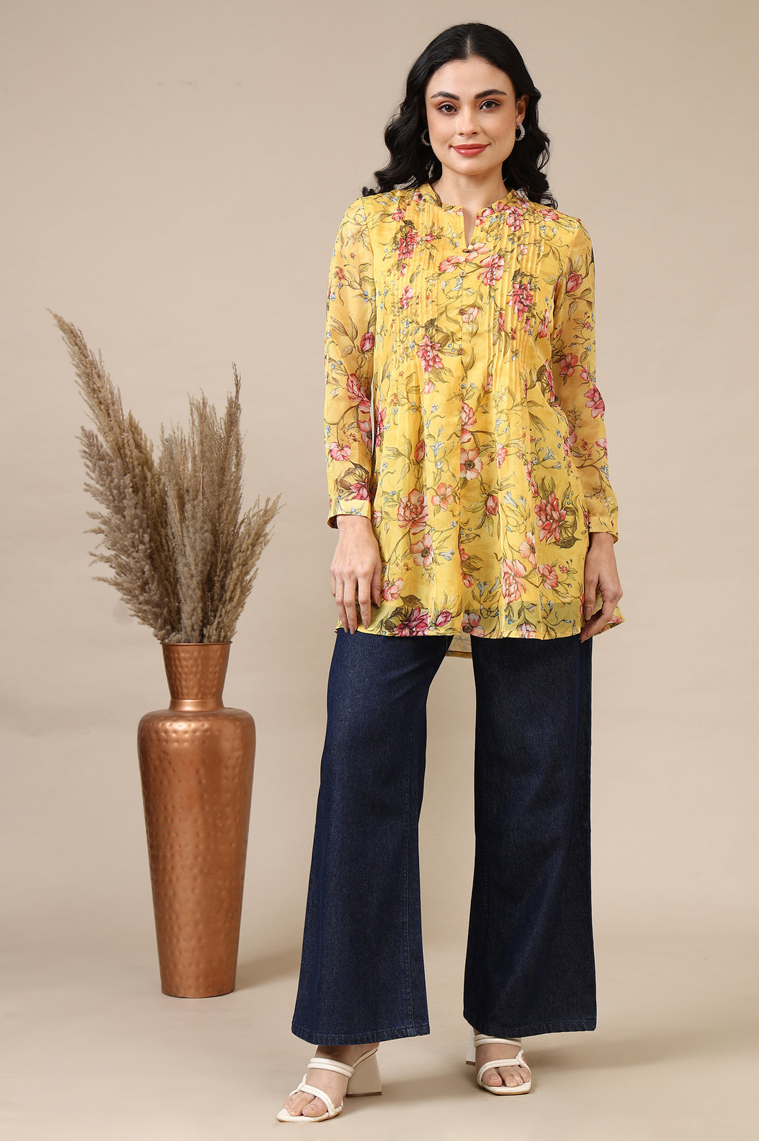 Bright Yellow Floral Printed Organza Kurti