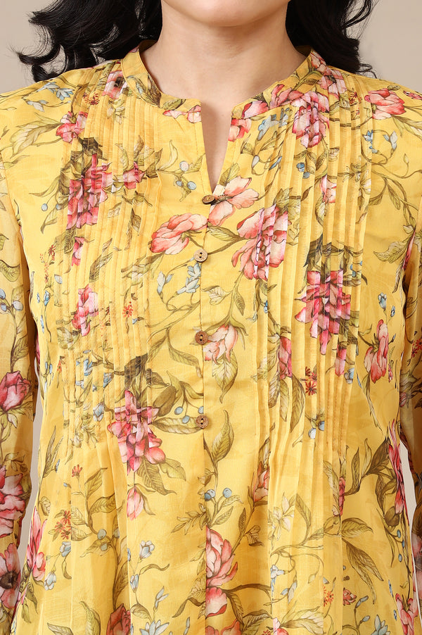 Bright Yellow Floral Printed Organza Kurti