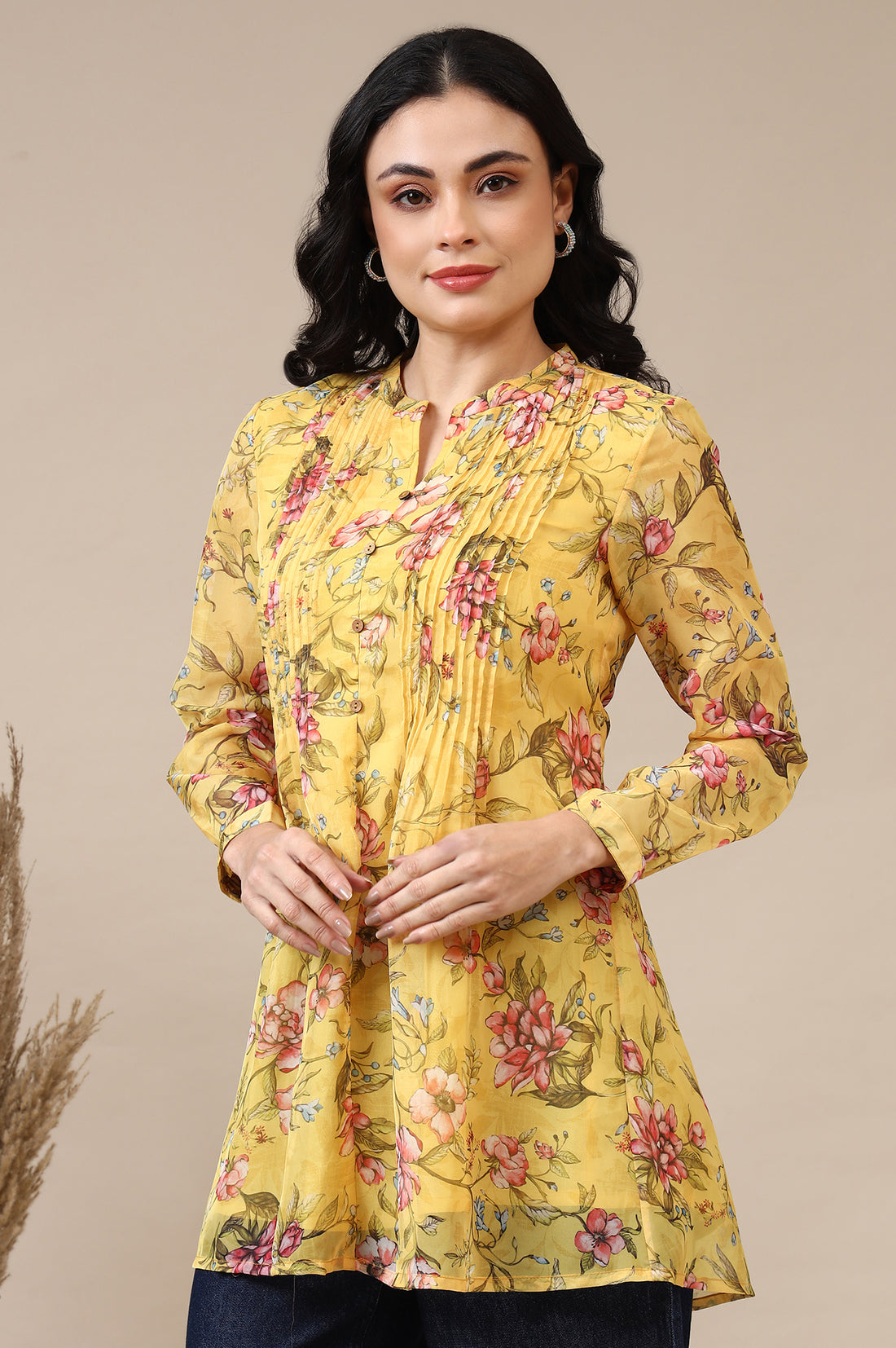 Bright Yellow Floral Printed Organza Kurti