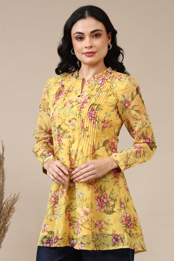 Bright Yellow Floral Printed Organza Kurti