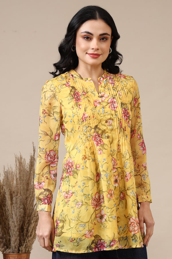 Bright Yellow Floral Printed Organza Kurti