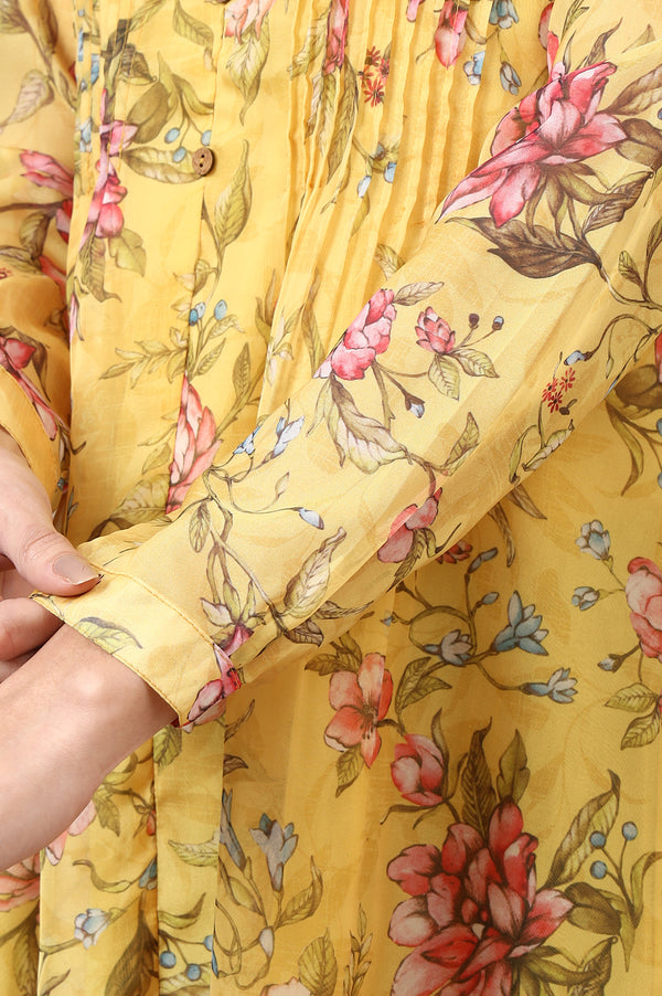 Bright Yellow Floral Printed Organza Kurti