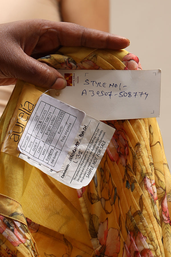 Bright Yellow Floral Printed Organza Kurti
