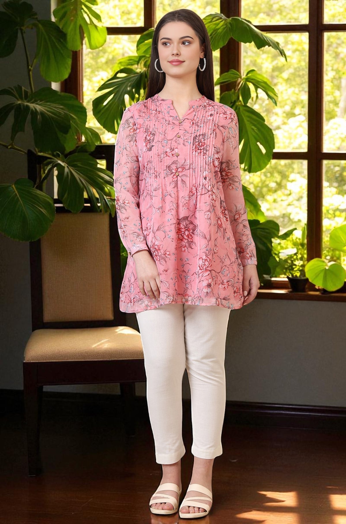 Pink Floral Printed Pintuck Yoke Organza Straight Short Kurti - S