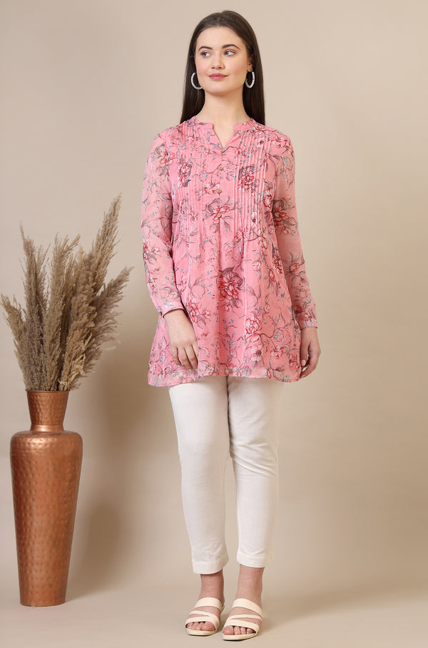 Pink Floral Printed Pintuck Yoke Organza Straight Short Kurti