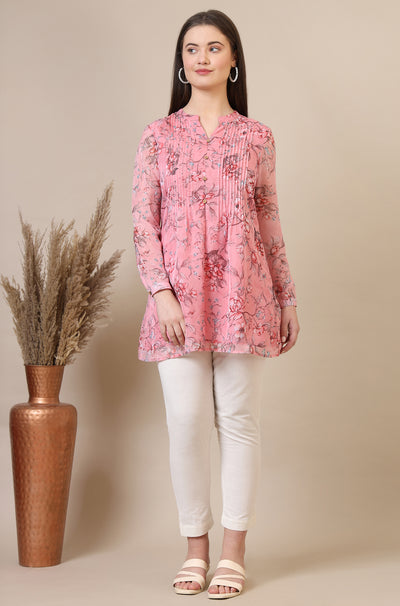 Pink Floral Printed Pintuck Yoke Organza Straight Short Kurti