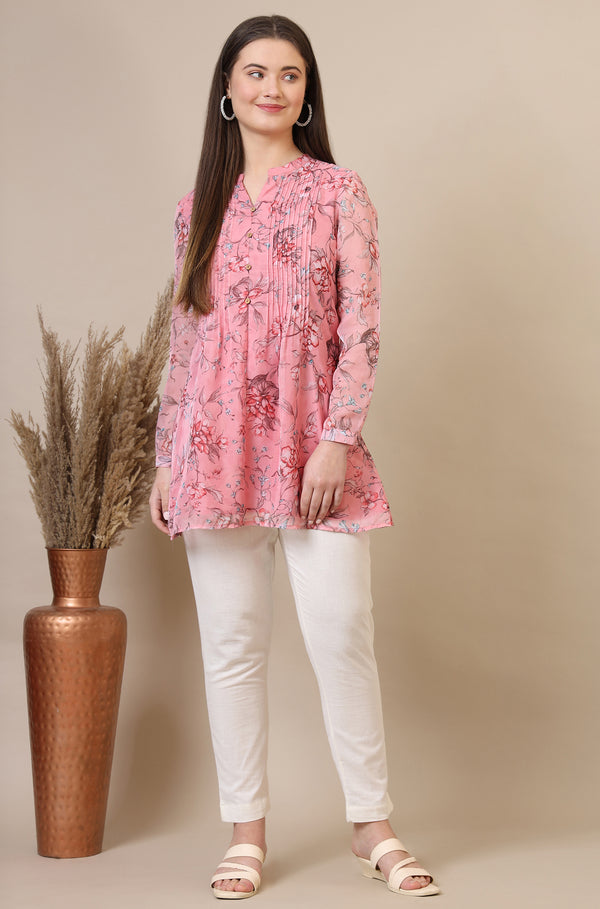 Pink Floral Printed Pintuck Yoke Organza Straight Short Kurti