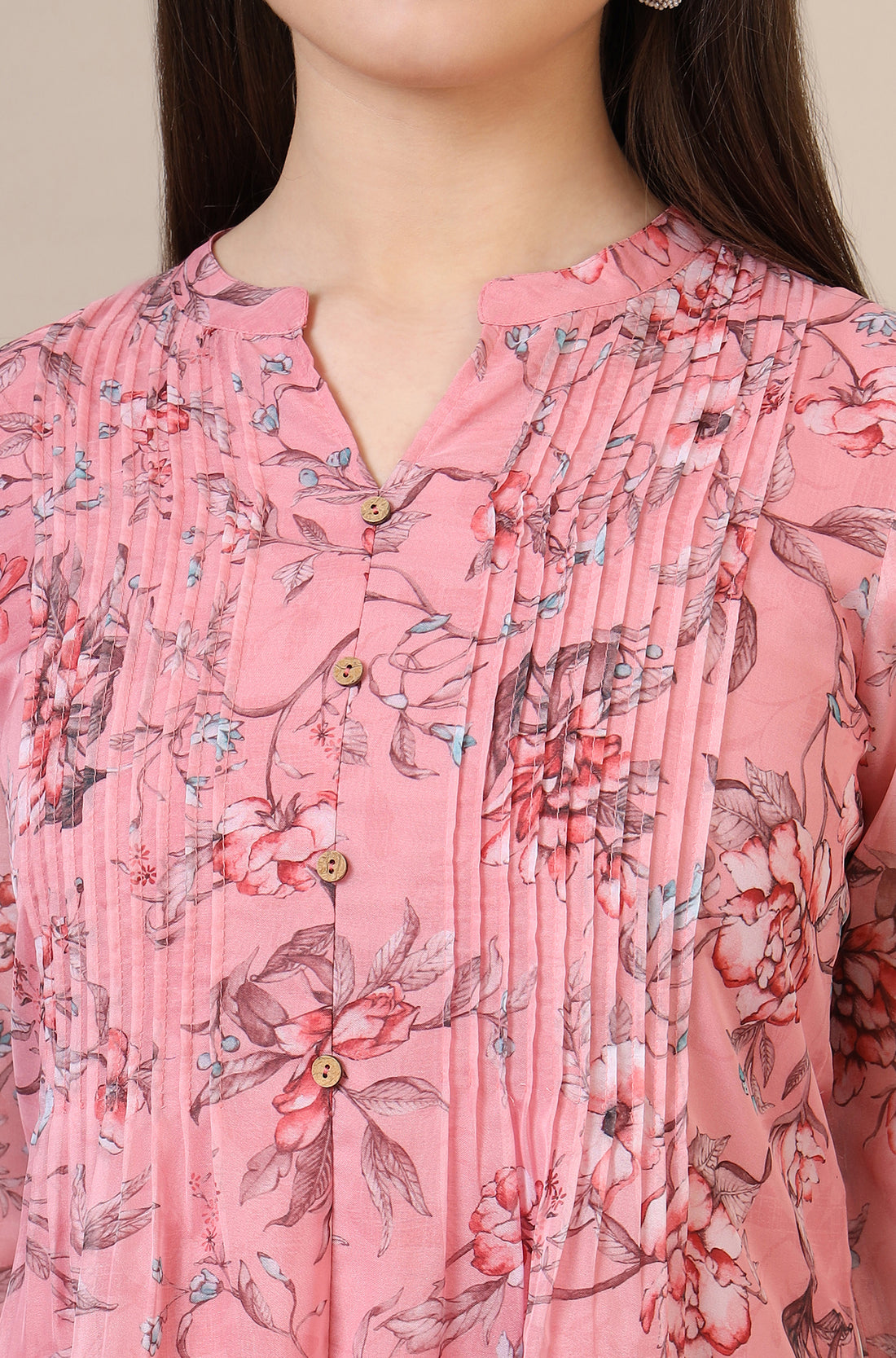 Pink Floral Printed Pintuck Yoke Organza Straight Short Kurti