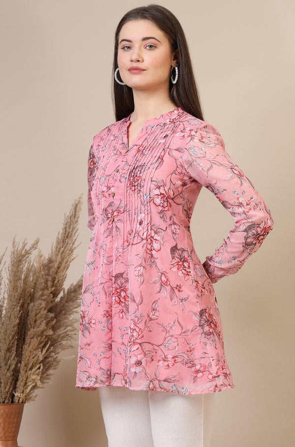Pink Floral Printed Pintuck Yoke Organza Straight Short Kurti