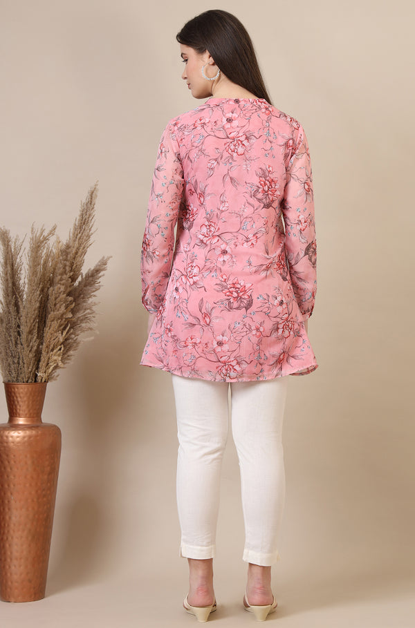 Pink Floral Printed Pintuck Yoke Organza Straight Short Kurti