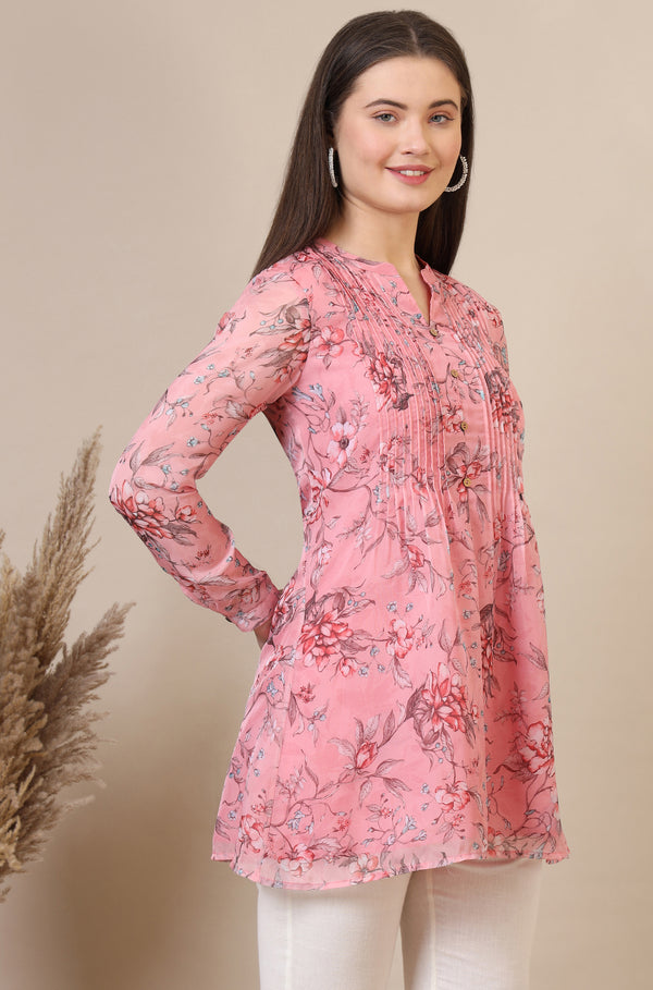 Pink Floral Printed Pintuck Yoke Organza Straight Short Kurti