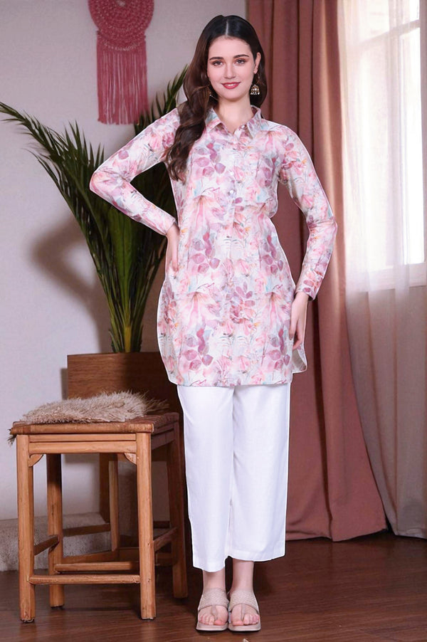 Dusty Pink Leaf Printed Cotton Shimmer Curved Kurti