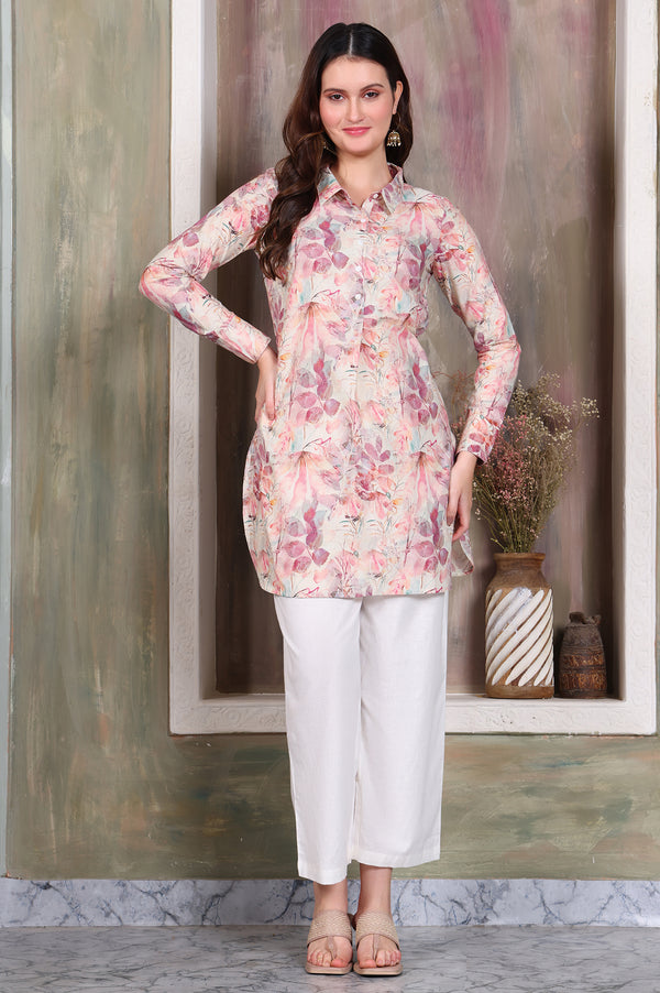 Dusty Pink Leaf Printed Cotton Shimmer Curved Kurti