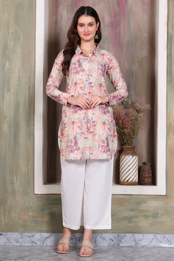 Dusty Pink Leaf Printed Cotton Shimmer Curved Kurti