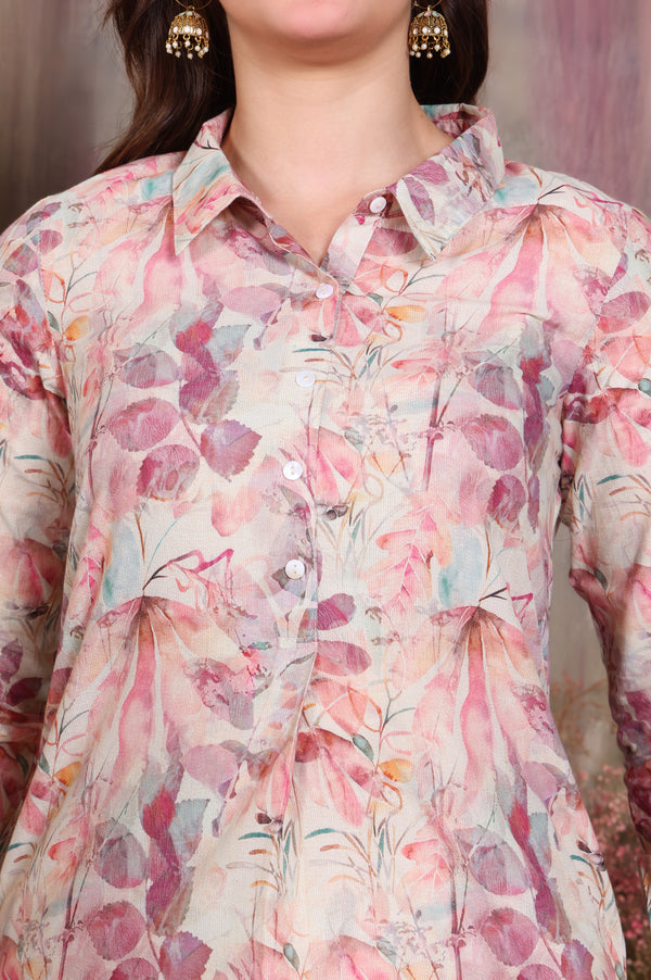 Dusty Pink Leaf Printed Cotton Shimmer Curved Kurti