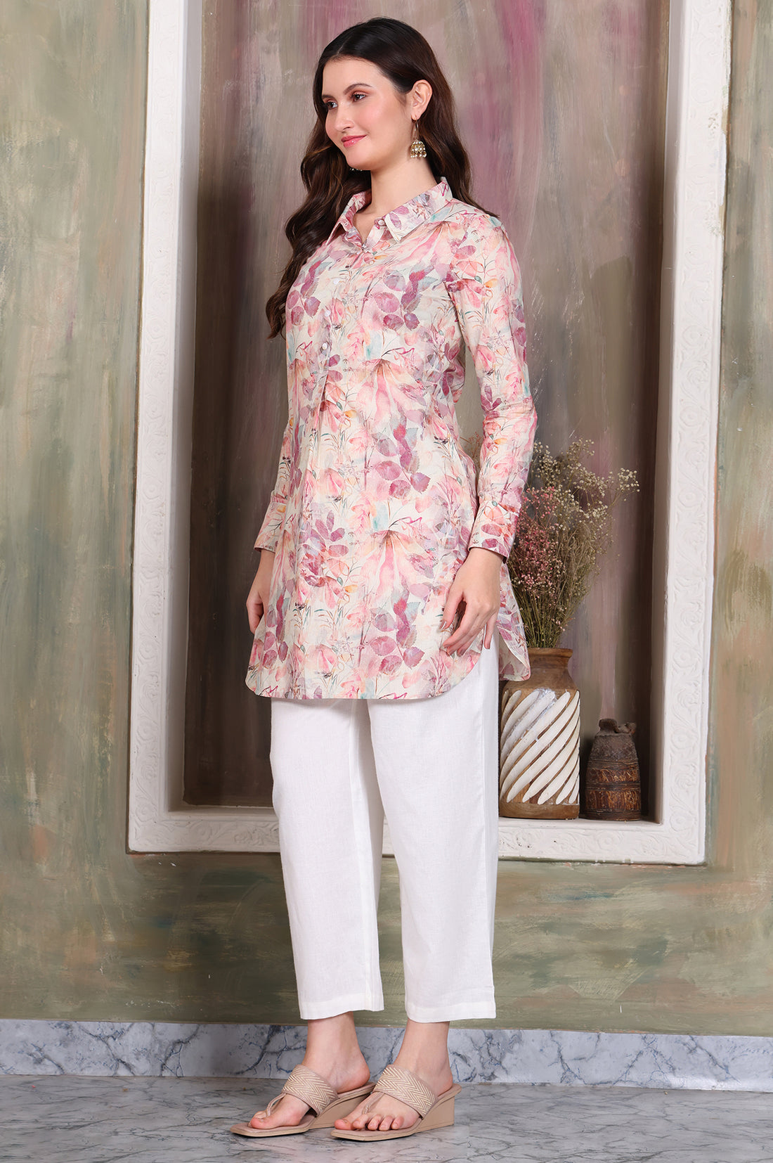 Dusty Pink Leaf Printed Cotton Shimmer Curved Kurti