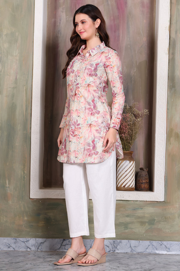 Dusty Pink Leaf Printed Cotton Shimmer Curved Kurti