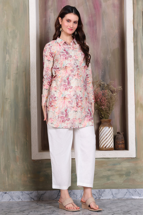 Dusty Pink Leaf Printed Cotton Shimmer Curved Kurti