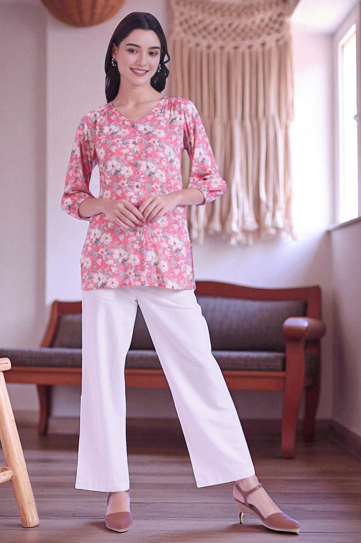 Pink Printed Straight Modal Kurti - XS
