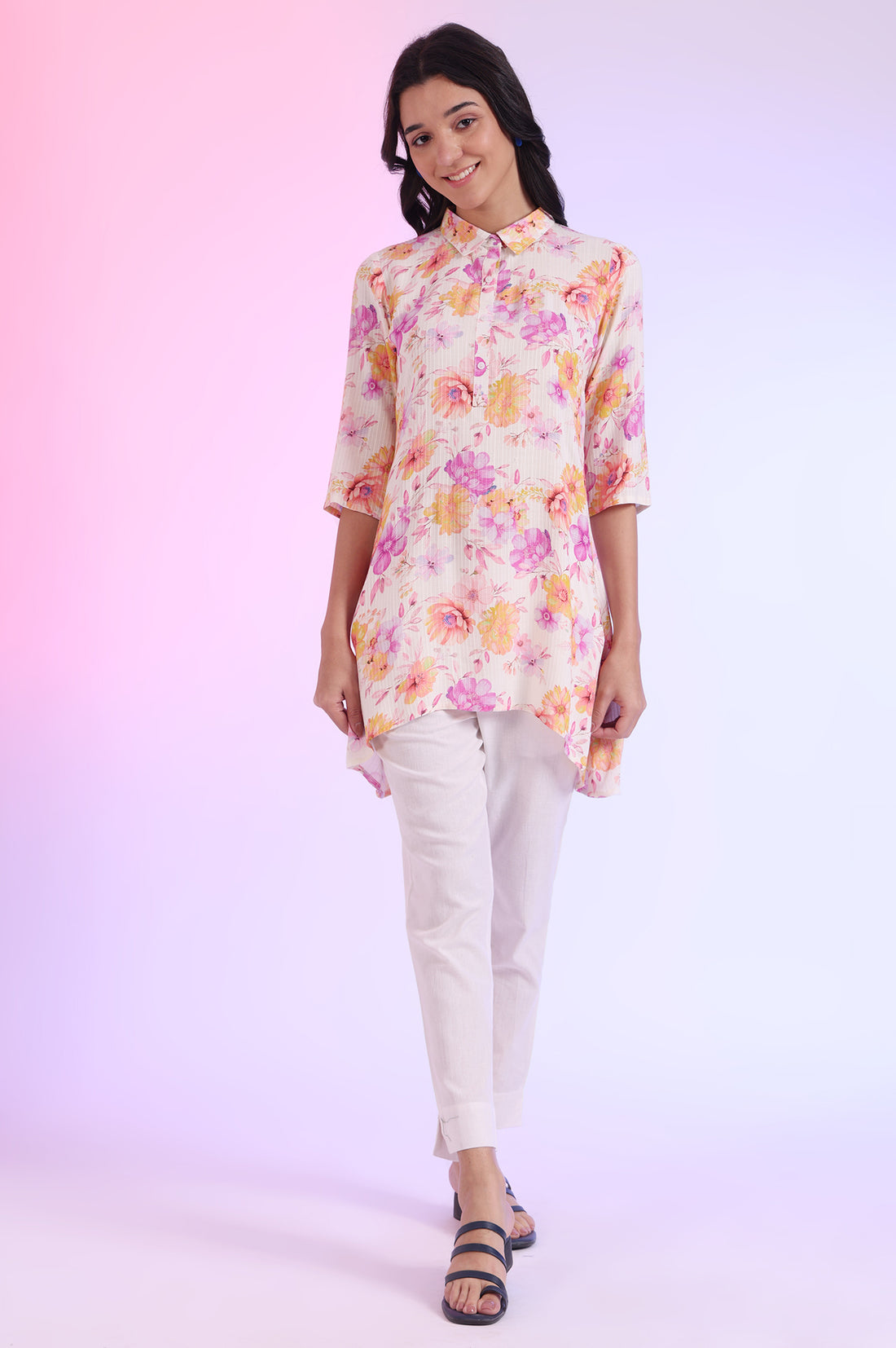 Pink Printed Straight Modal Kurti