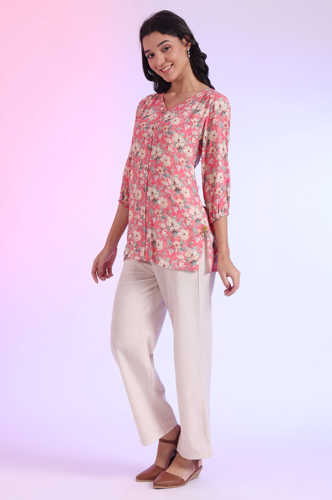 Pink Printed Straight Modal Kurti