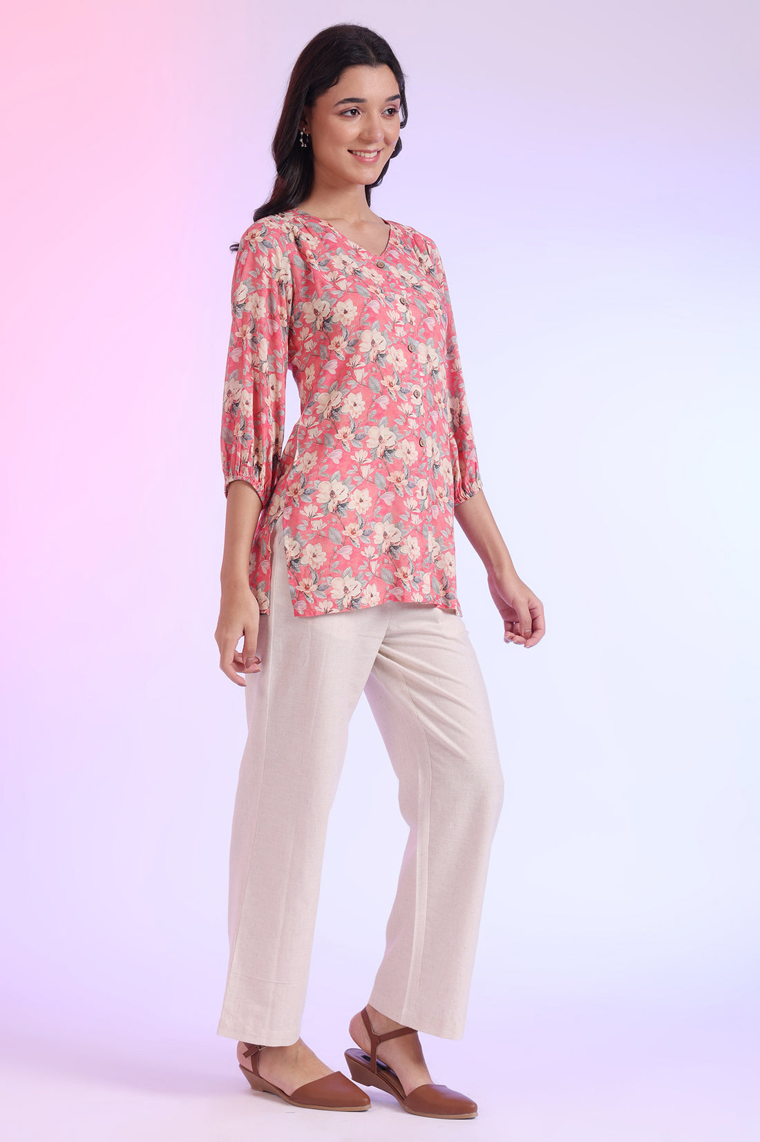 Pink Printed Straight Modal Kurti
