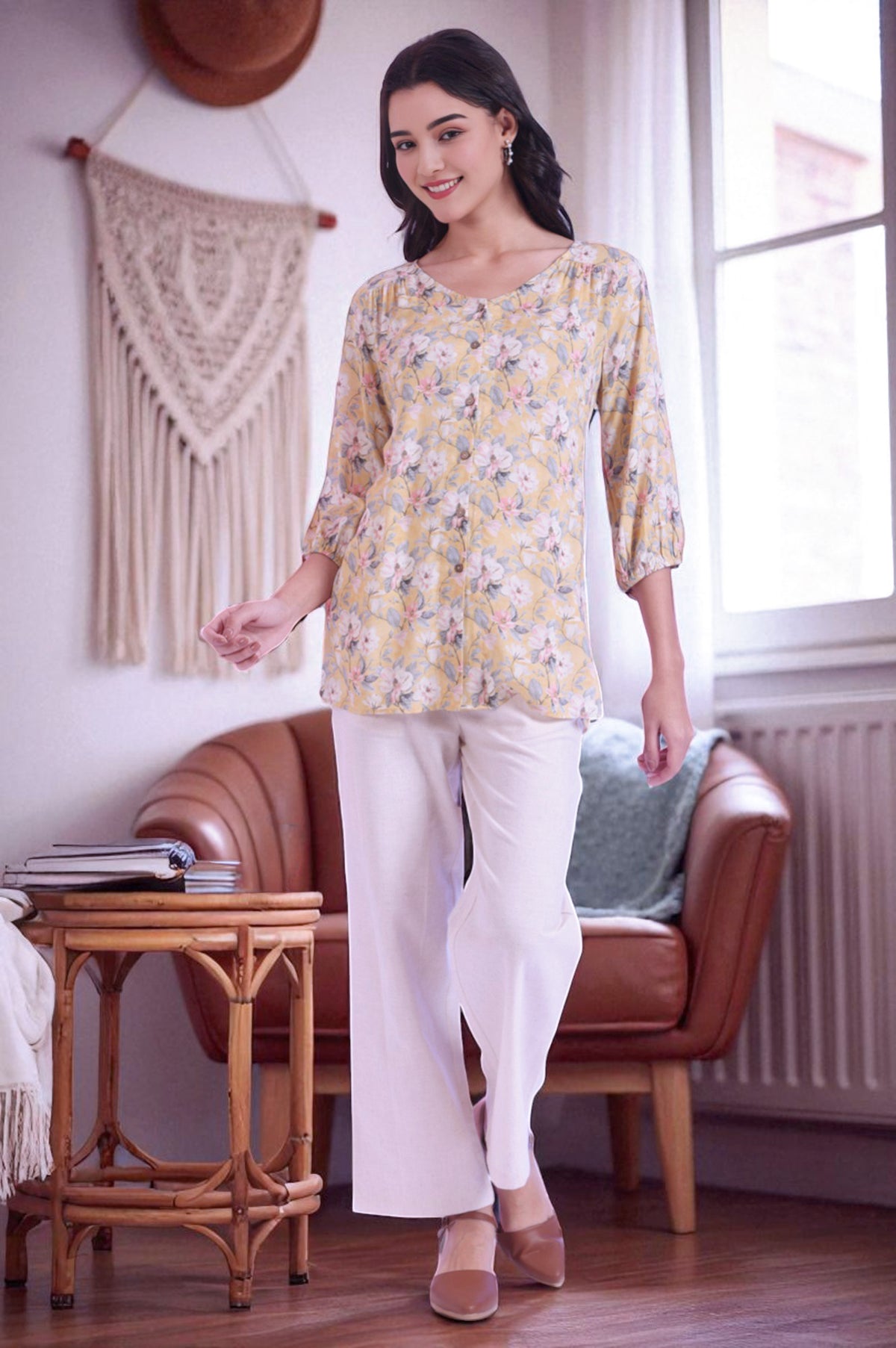 Yellow Printed Straight Modal Kurti - XS