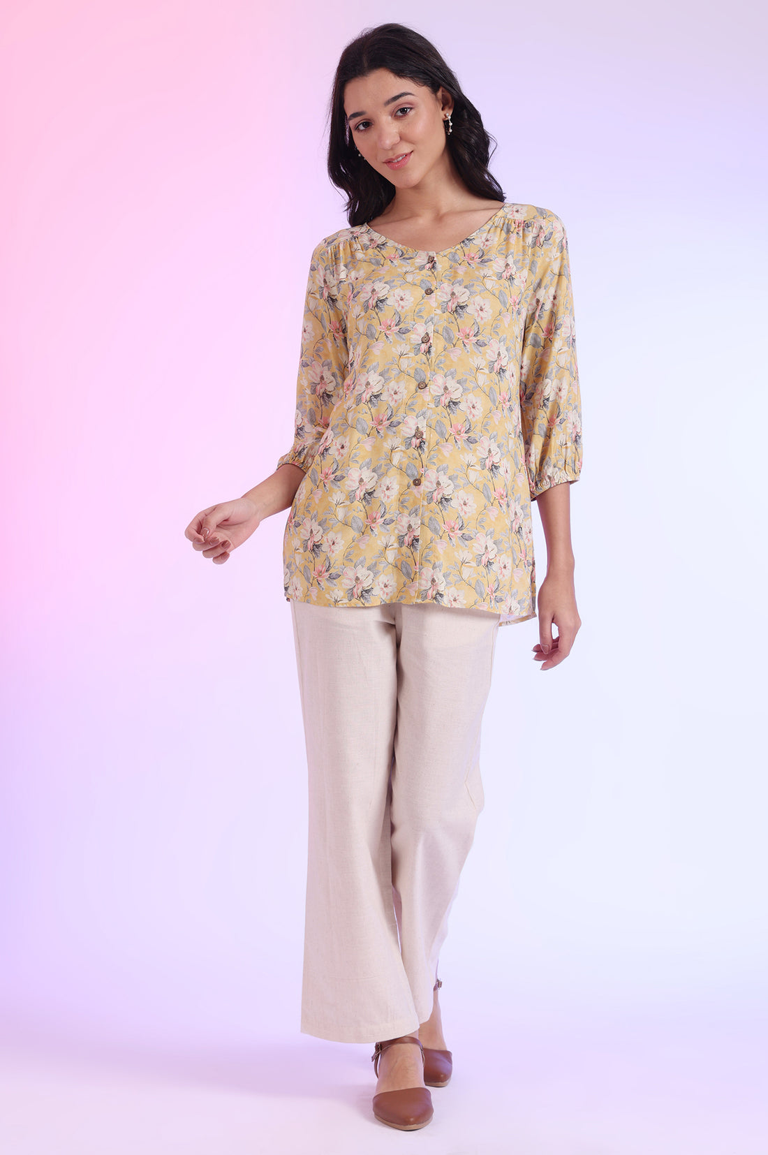 Yellow Printed Straight Modal Kurti