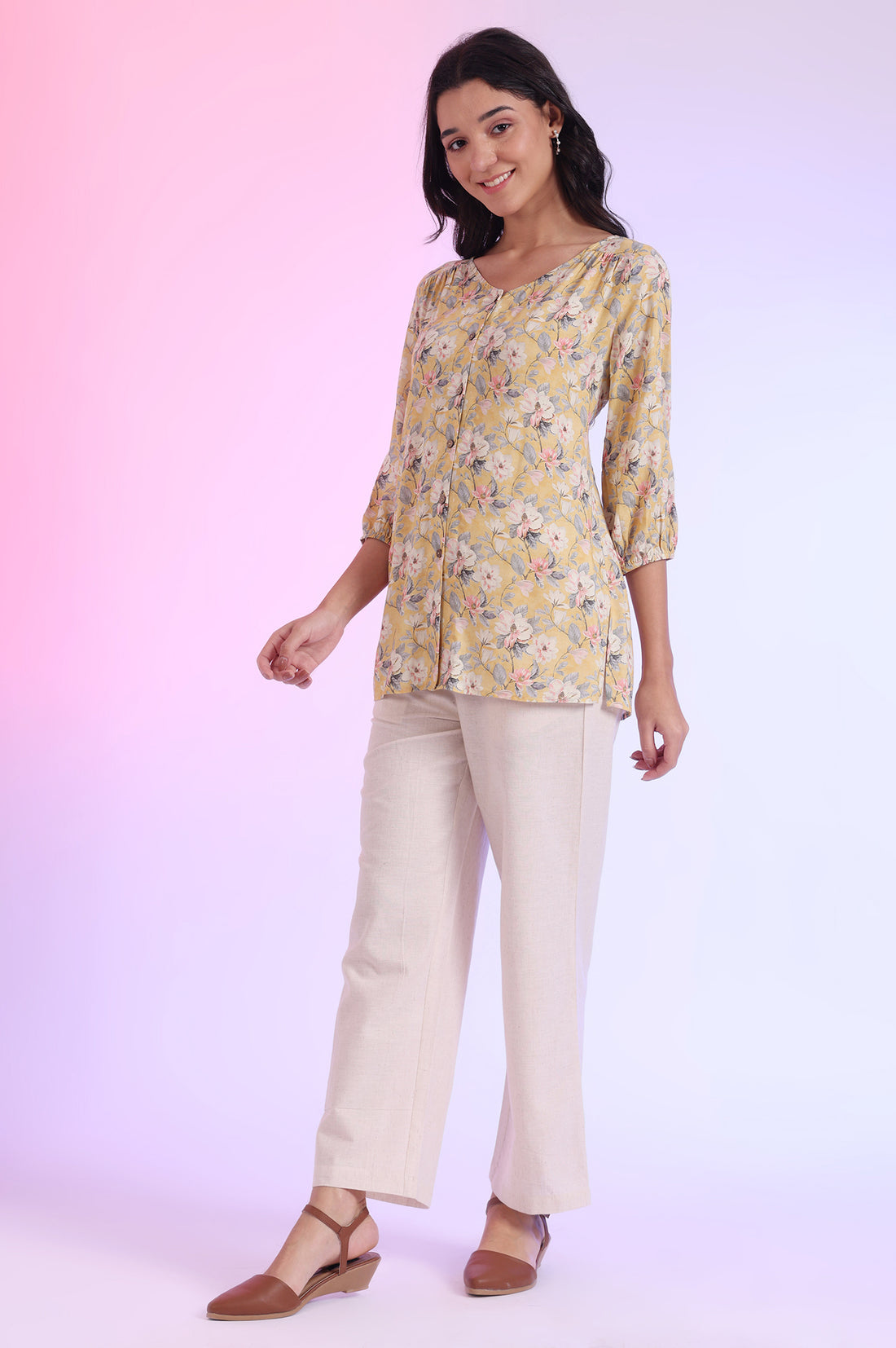 Yellow Printed Straight Modal Kurti
