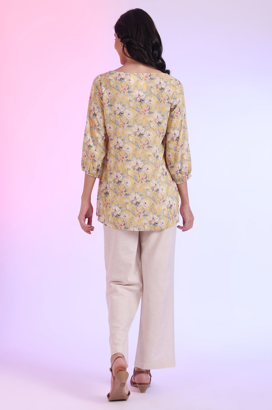 Yellow Printed Straight Modal Kurti