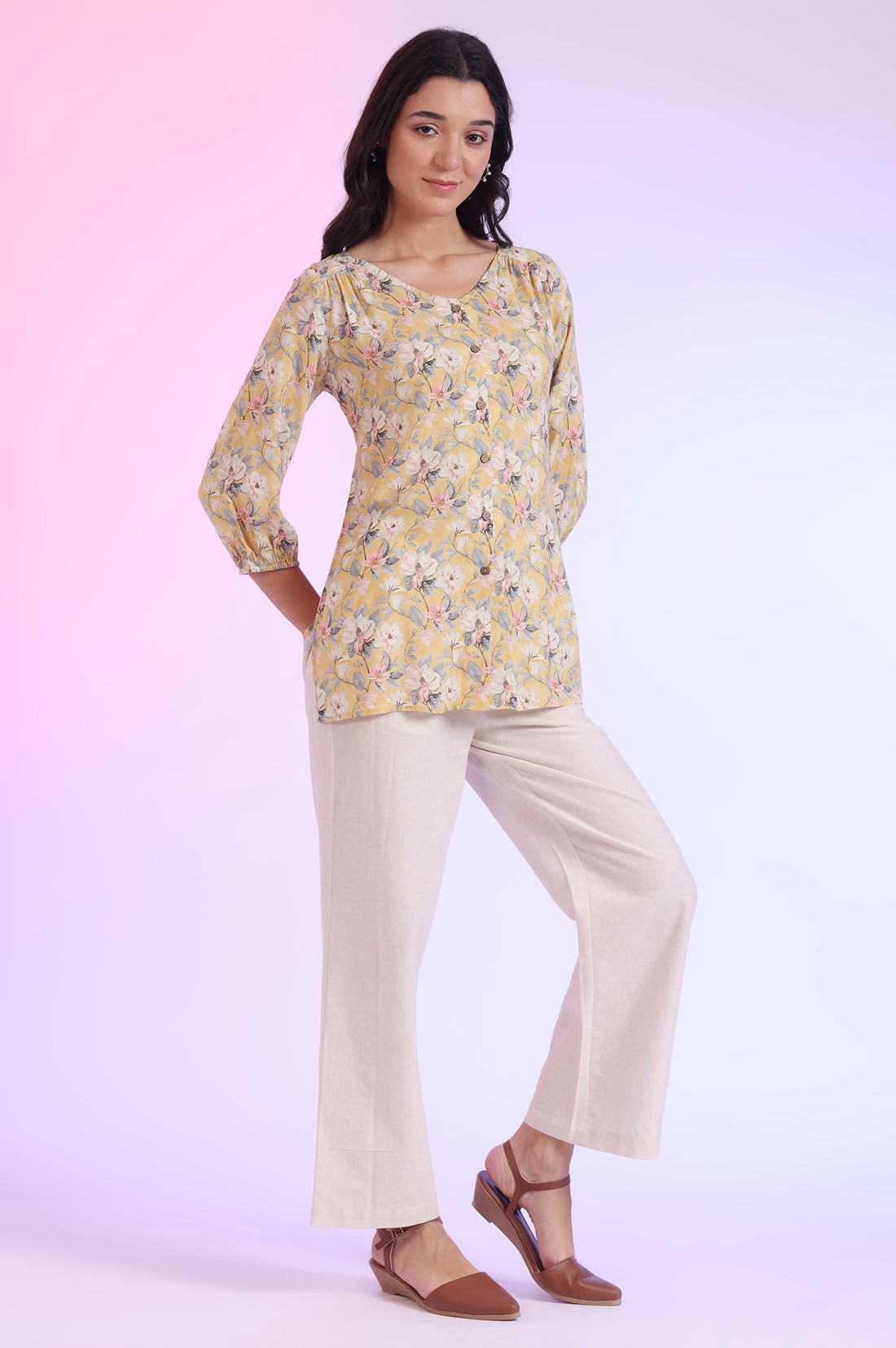 Yellow Printed Straight Modal Kurti