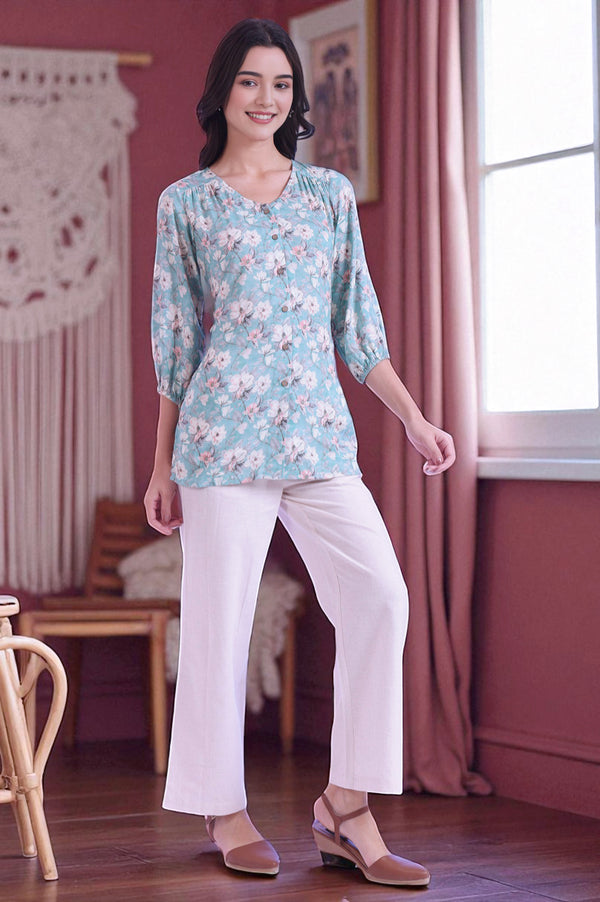 Blue Printed Straight Modal Kurti