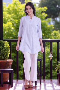 Blue Yarn Dyed Straight Cotton Blend Kurti