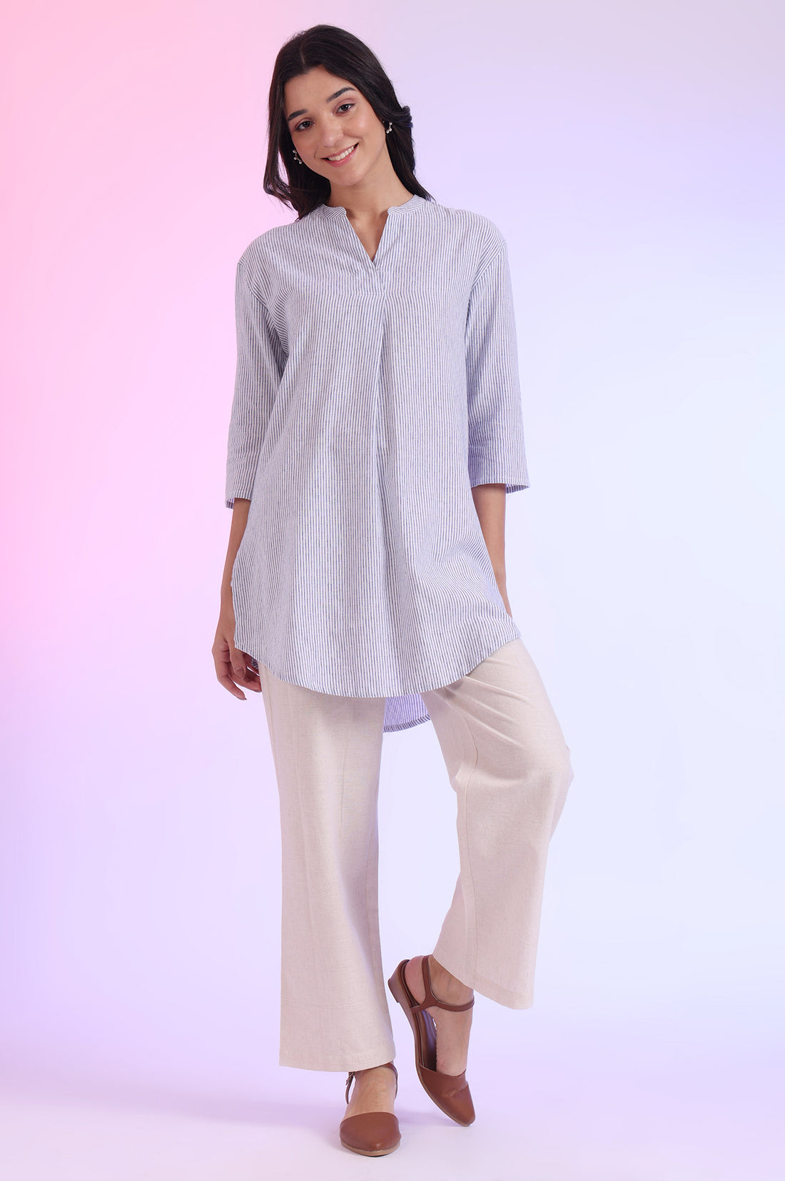 Blue Yarn Dyed Straight Cotton Blend Kurti